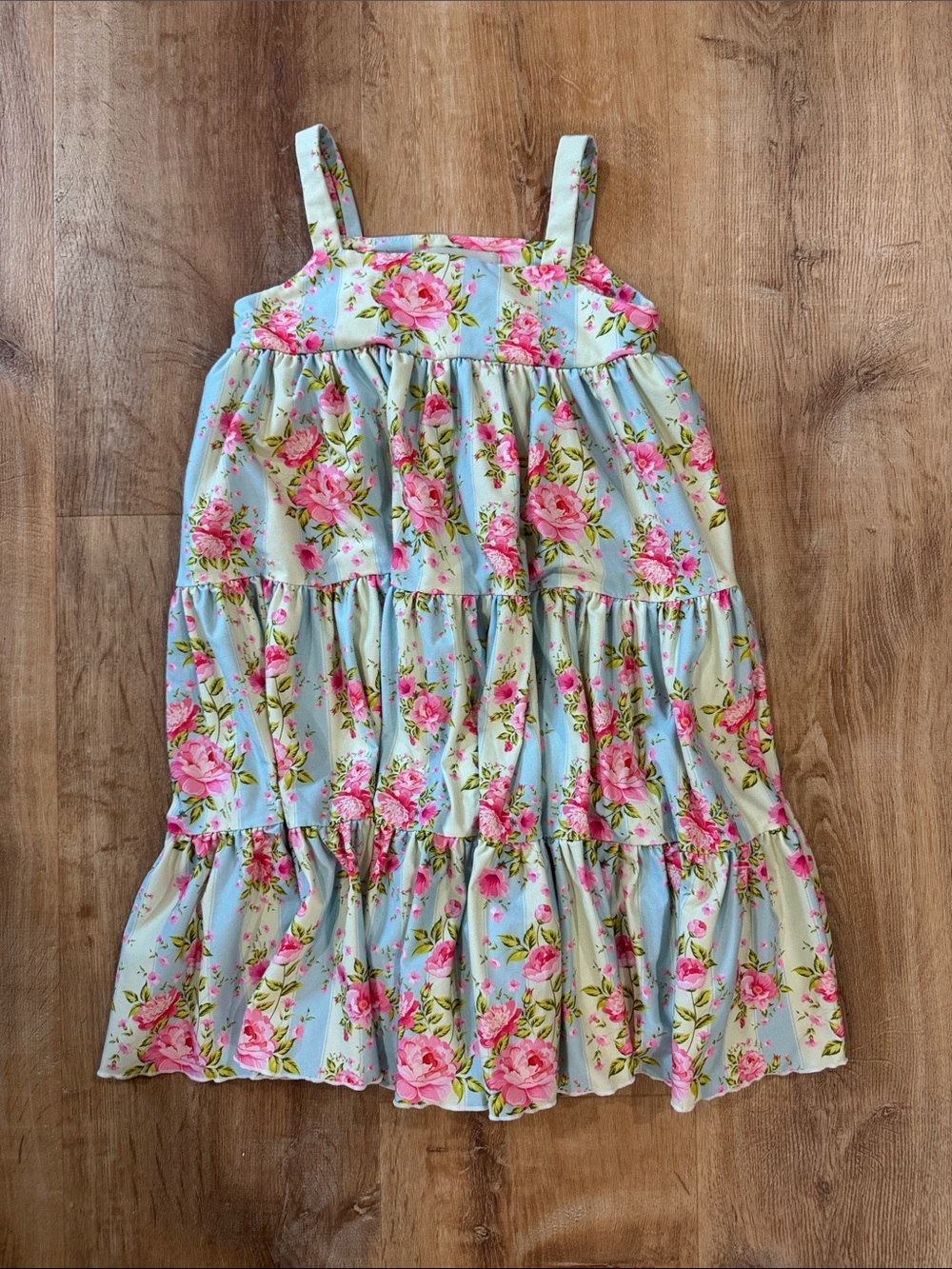 Girls' Light Blue Floral Tiered Sundress with Pink Roses